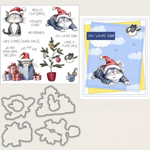 Sredwtk Tannenbaum Weihnachten Katzen Stanzschablonen und Stempelset,Stempel und Stanzen Set,Silikonstempel und Stanzen Set,Clear Stamp und Stanzschablone Für DIY Scrapbooking Fotoalbum Dekor Karten von Sredwtk