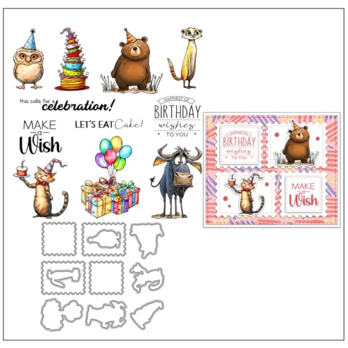 Sredwtk Tiere Geburtstag Stempel und Stanzen Set,Silikonstempel und Stanzen Set,Stanzschablonen und Stempelset,Clear Stamp und Stanzschablone Für DIY Scrapbooking Fotoalbum Dekor Karten von Sredwtk