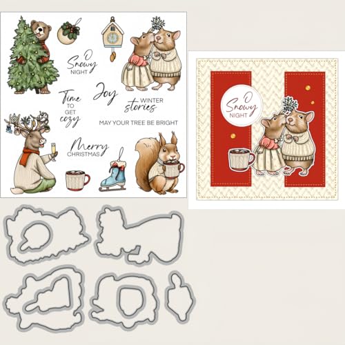 Sredwtk Tiere Weihnachten Tannenbaum Stanzschablonen und Stempelset,Stempel und Stanzen Set,Silikonstempel und Stanzen Set,Clear Stamp und Stanzschablone Für DIY Scrapbooking Fotoalbum Dekor Karten von Sredwtk