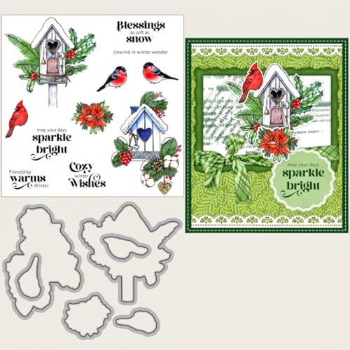 Sredwtk Vogelhaus Vögel Winter Stanzschablonen und Stempelset,Stempel und Stanzen Set,Silikonstempel und Stanzen Set,Clear Stamp und Stanzschablone Für DIY Scrapbooking Fotoalbum Dekor Karten von Sredwtk