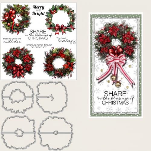 Sredwtk Weihnachten Blumenkranz Stanzschablonen und Stempelset,Stempel und Stanzen Set,Silikonstempel und Stanzen Set,Clear Stamp und Stanzschablone Für DIY Scrapbooking Fotoalbum Dekor Karten von Sredwtk