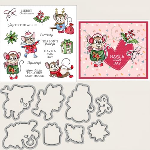 Sredwtk Weihnachten Mäuse Stanzschablonen und Stempelset,Stempel und Stanzen Set,Silikonstempel und Stanzen Set,Clear Stamp und Stanzschablone Für DIY Scrapbooking Fotoalbum Dekor Karten von Sredwtk