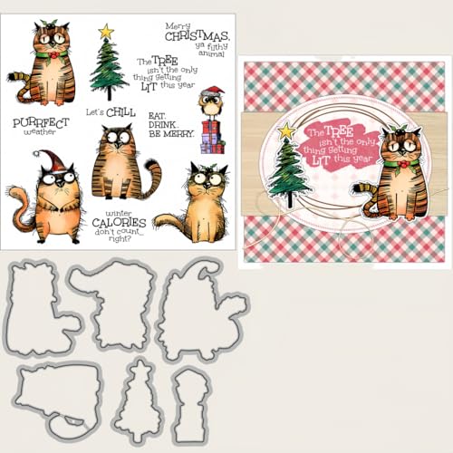 Sredwtk Weihnachtsbaum Katzen Stanzschablonen und Stempelset,Stempel und Stanzen Set,Silikonstempel und Stanzen Set,Clear Stamp und Stanzschablone Für DIY Scrapbooking Fotoalbum Dekor Karten von Sredwtk