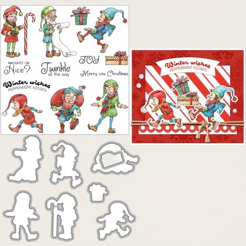 Sredwtk Weihnachtselfen Weihnachten Stanzschablonen und Stempelset,Stempel und Stanzen Set,Silikonstempel und Stanzen Set,Clear Stamp und Stanzschablone Für DIY Scrapbooking Fotoalbum Dekor Karten von Sredwtk