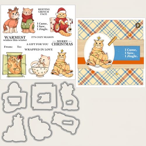 Sredwtk Weihnachtskatze Stanzschablonen und Stempelset,Stempel und Stanzen Set,Silikonstempel und Stanzen Set,Clear Stamp und Stanzschablone Für DIY Scrapbooking Fotoalbum Dekor Karten von Sredwtk