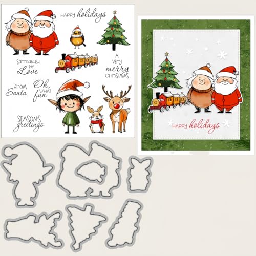 Sredwtk Weihnachtsmann Weihnachtszug Stanzschablonen und Stempelset,Stempel und Stanzen Set,Silikonstempel und Stanzen Set,Clear Stamp und Stanzschablone Für DIY Scrapbooking Fotoalbum Dekor Karten von Sredwtk