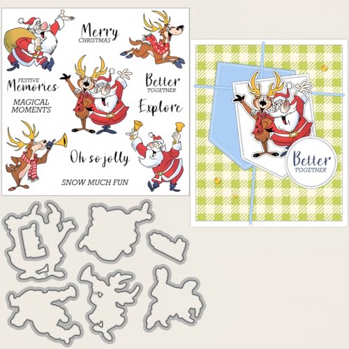 Sredwtk Weihnachtsmann und Hirsch Stanzschablonen und Stempelset,Stempel und Stanzen Set,Silikonstempel und Stanzen Set,Clear Stamp und Stanzschablone Für DIY Scrapbooking Fotoalbum Dekor Karten von Sredwtk