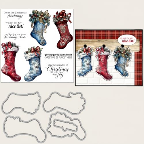 Sredwtk Weihnachtssocken Stanzschablonen und Stempelset,Stempel und Stanzen Set,Silikonstempel und Stanzen Set,Clear Stamp und Stanzschablone Für DIY Scrapbooking Fotoalbum Dekor Karten von Sredwtk