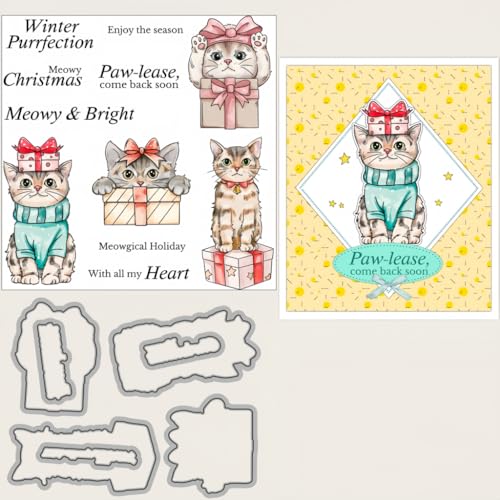 Sredwtk Weihnachtsüberraschung Katzen Stanzschablonen und Stempelset,Stempel und Stanzen Set,Silikonstempel und Stanzen Set,Clear Stamp und Stanzschablone Für DIY Scrapbooking Fotoalbum Dekor Karten von Sredwtk