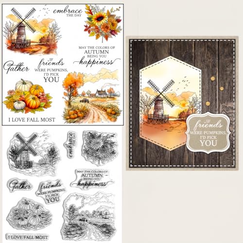 Sredwtk Windmühle Herbststadt Clear Stamps Für DIY Scrapbooking Herbst Silikonstempel Transparente Stempel Siegel Für Kartenherstellung Tagebuch Fotoalbum Geburtstag Hochzeit Weihnachten von Sredwtk