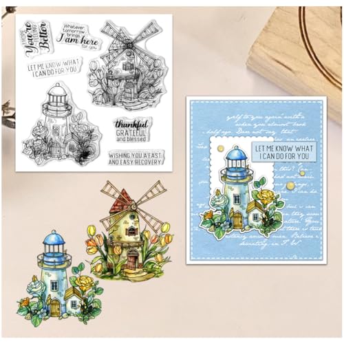 Sredwtk Windmühle Leuchtturm Blumen Stempel und Stanzen Set,Silikonstempel und Stanzen Set,Stanzschablonen und Stempelset,Clear Stamp und Stanzschablone Für DIY Scrapbooking Fotoalbum Dekor Karten von Sredwtk