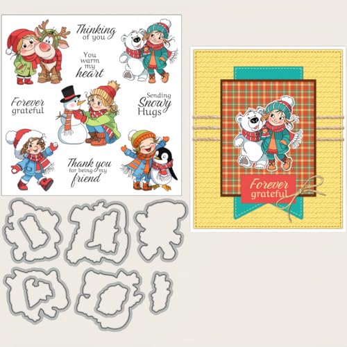 Sredwtk Winter Kinder Weihnachten Stanzschablonen und Stempelset,Stempel und Stanzen Set,Silikonstempel und Stanzen Set,Clear Stamp und Stanzschablone Für DIY Scrapbooking Fotoalbum Dekor Karten von Sredwtk