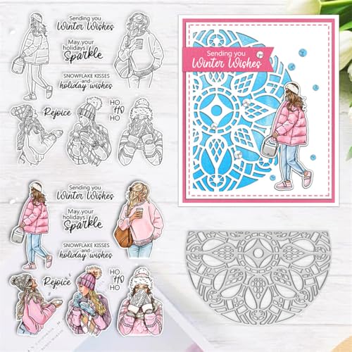 Sredwtk Winter Wünsche Weihnachten Stanzschablonen und Stempelset,Stempel und Stanzen Set,Silikonstempel und Stanzen Set,Clear Stamp und Stanzschablone Für DIY Scrapbooking Fotoalbum Dekor Karten von Sredwtk