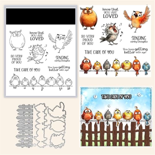 Sredwtk Zaun Vögel Stanzschablonen und Stempelset,Stempel und Stanzen Set,Silikonstempel und Stanzen Set,Clear Stamp und Stanzschablone Für DIY Scrapbooking Fotoalbum Dekor Karten von Sredwtk