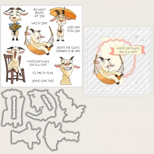 Sredwtk Ziegen Geburtstag Stanzschablonen und Stempelset,Stempel und Stanzen Set,Silikonstempel und Stanzen Set,Clear Stamp und Stanzschablone Für DIY Scrapbooking Fotoalbum Dekor Karten von Sredwtk