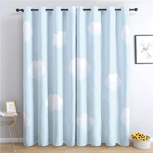 Srigzcaly Kinder Vorhänge 2er Blickdicht Gardinen Thermovorhang Ösenschal Vorhänge B 75xH166cm Cartoon Blauer Himmel Mit WeißEn Wolken Verdunklungsvorhang für Büros Wohnzimmer Schlafzimmer, Hellblau von Srigzcaly