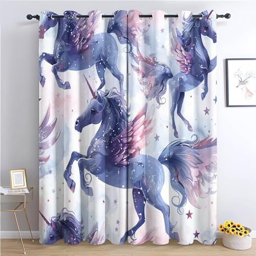 Srigzcaly Blauer Cartoon-Einhorn-Druck Ösenschal Vorhänge, 280x245cm(BxH) Verdunklungsvorhang für Büros Wohnzimmer Schlafzimmer Kinderzimmer, Bunt von Srigzcaly