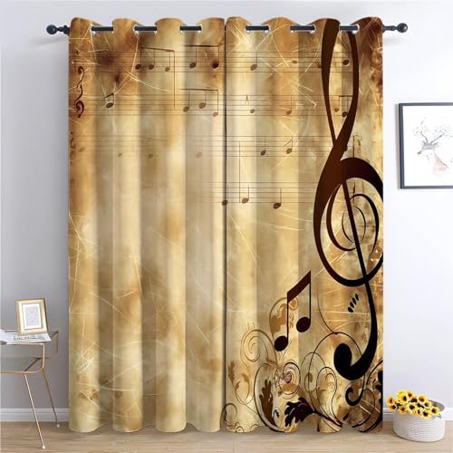 Srigzcaly Notation Der Musik Der Alten Welt Vorhange Wärmedämmend, Polyester Anti-Fade, 220x215cm(BxH) Ösenvorhänge für Schlafzimmer, Kinderzimmer, Wohnzimmer Retro-Farbe von Srigzcaly