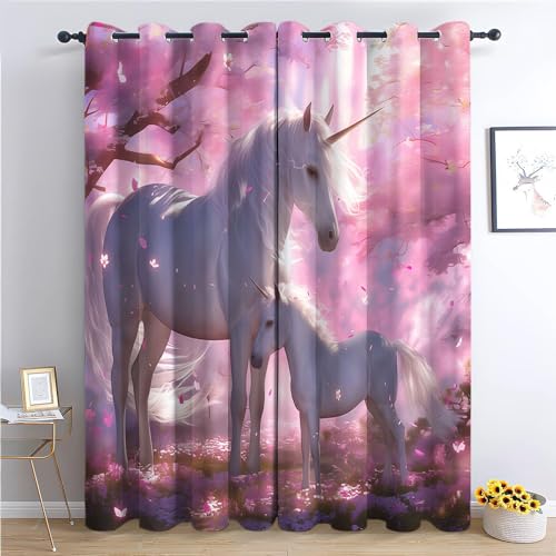 Srigzcaly Sakura-Wald-Einhorn Thermo isolierte Ösen Vorhänge, Waschbarer Polyester Vorhang, 280x245cm(BxH) für Kinderzimmer & WohnzimmerRosa von Srigzcaly