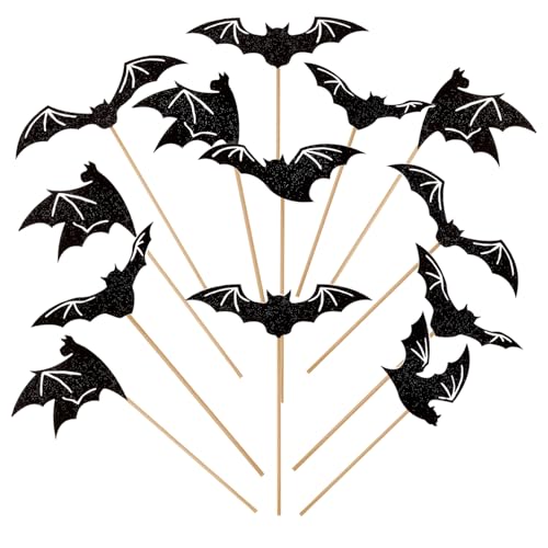 Srotmirw 24 Stück schwarze Glitzer-Fledermaus-Cupcake-Topper, Halloween-Cupcake-Picks für Geburtstagsparty, Kuchendekorationen für Halloween-Partyzubehör von Srotmirw
