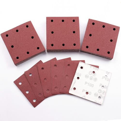 Sruhrak 110x115mm Schleifpapier, 50 Stück Schleifblatt 100 Körnung Set Rechteckiges Schleifblatt Klett 8 Löcher Schleifpad für Schwingschleifer von Sruhrak