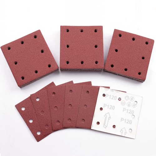 Sruhrak 110x115mm Schleifpapier, 50 Stück Schleifblatt 120 Körnung Set Rechteckiges Schleifblatt Klett 8 Löcher Schleifpad für Schwingschleifer von Sruhrak