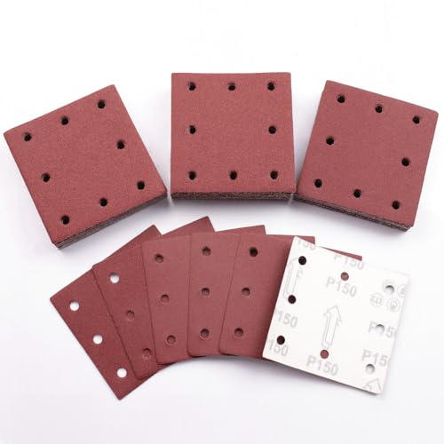 Sruhrak 110x115mm Schleifpapier, 50 Stück Schleifblatt 150 Körnung Set Rechteckiges Schleifblatt Klett 8 Löcher Schleifpad für Schwingschleifer von Sruhrak