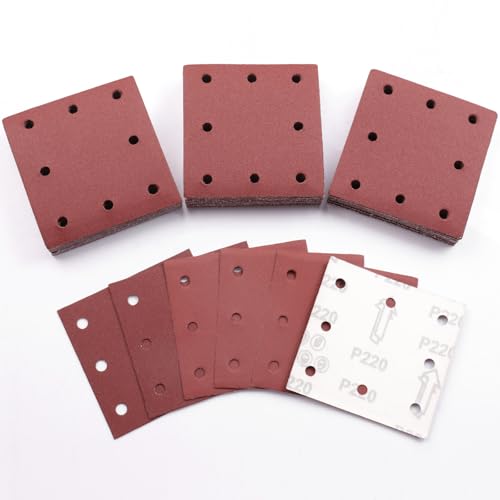 Sruhrak 110x115mm Schleifpapier, 50 Stück Schleifblatt 220 Körnung Set Rechteckiges Schleifblatt Klett 8 Löcher Schleifpad für Schwingschleifer von Sruhrak
