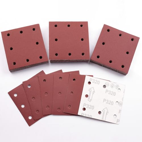 Sruhrak 110x115mm Schleifpapier, 50 Stück Schleifblatt 320 Körnung Set Rechteckiges Schleifblatt Klett 8 Löcher Schleifpad für Schwingschleifer von Sruhrak