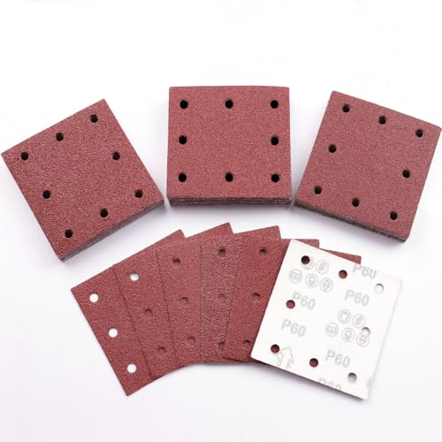 Sruhrak 110x115mm Schleifpapier, 50 Stück Schleifblatt 60 Körnung Set Rechteckiges Schleifblatt Klett 8 Löcher Schleifpad für Schwingschleifer von Sruhrak