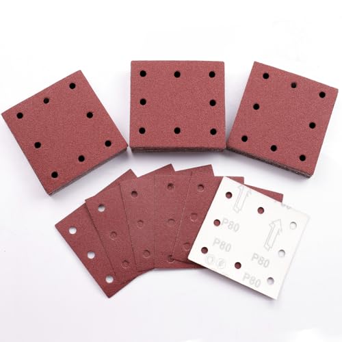 Sruhrak 110x115mm Schleifpapier, 50 Stück Schleifblatt 80 Körnung Set Rechteckiges Schleifblatt Klett 8 Löcher Schleifpad für Schwingschleifer von Sruhrak