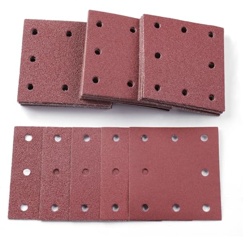 Sruhrak 110x115mm Schleifpapier, 50 Stück Schleifblatt 40/60/80/120/240 Körnung Schleifblätter Set Rechteckiges Schleifblatt Klett 8 Löcher Schleifpad für Schwingschleifer von Sruhrak