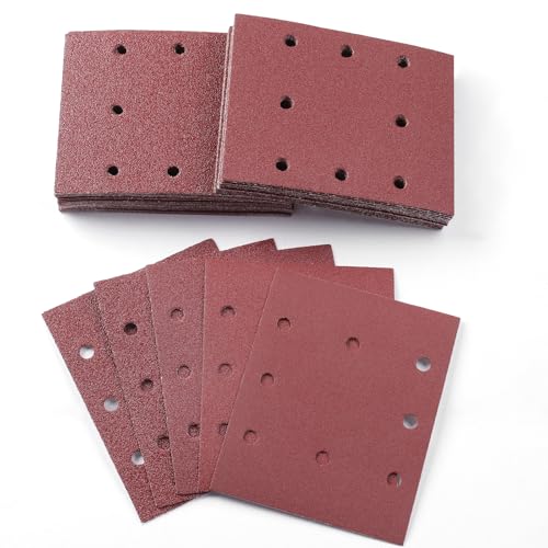 Sruhrak 115x145mm Schleifpapier, 50 Stück Schleifblatt 40/60/80/120/240 Körnung Schleifblätter Set Rechteckiges Schleifblatt Klett 8 Löcher Schleifpad für Schwingschleifer von Sruhrak