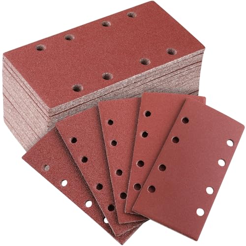 Sruhrak 50 Stück 93 x 185mm Schleifpapier Set, 40/60/80/120/240 Körnung Rechteckiges Schleifpad mit Klettverschluss 8 Löcher Schleifblatt für Rechteckschleifer Bosch-Schleifer von Sruhrak