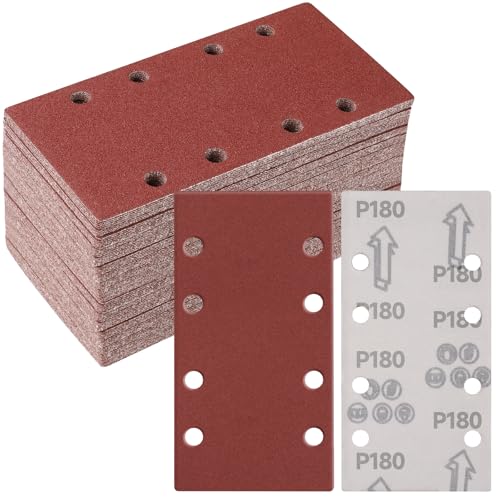 Sruhrak 50 Stück 93 x 185mm Schleifpapier Set, 180 Körnung Rechteckiges Schleifpad mit Klettverschluss 8 Löcher Schleifblatt für Rechteckschleifer Bosch-Schleifer von Sruhrak