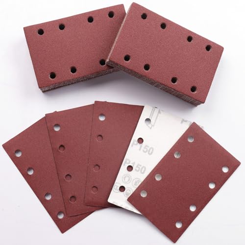 Sruhrak 80x133mm Schleifpapier, 50 Stück Schleifblatt 150 Körnung Set Rechteckiges Schleifblatt Klett 8 Löcher Schleifpad für Schwingschleifer von Sruhrak