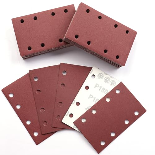 Sruhrak 80x133mm Schleifpapier, 50 Stück Schleifblatt 180 Körnung Set Rechteckiges Schleifblatt Klett 8 Löcher Schleifpad für Schwingschleifer von Sruhrak