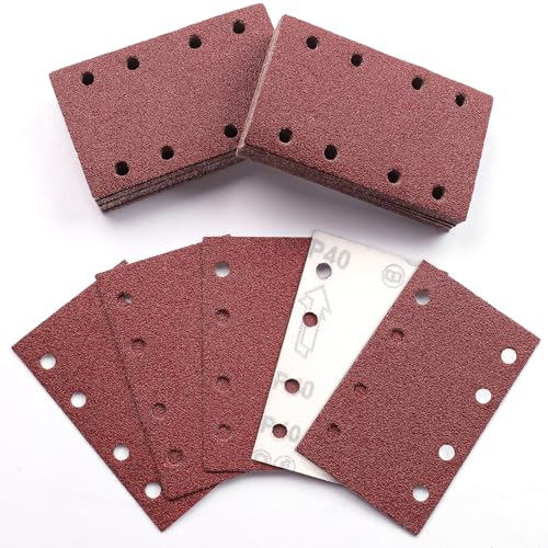 Sruhrak 80x133mm Schleifpapier, 50 Stück Schleifblatt 40 Körnung Set Rechteckiges Schleifblatt Klett 8 Löcher Schleifpad für Schwingschleifer von Sruhrak