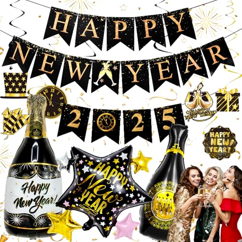 Srup 8 Stück Neujahrsdeko Girlanden, Silvester Deko 2025 Girlande Banner, Silvester Party Luftballon Schwarz Gold, Helium Ballon für Neujahrsdeko Silvesterpartydeko Accessoire, Neujahr Silvesterdeko von Srup