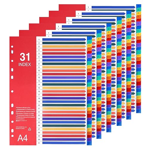 Srvnpioy 6 Stück 31-teilig Register für A4, Mehrfarbig 31 Trennblätter A4 aus PP, Beschriftbares Deckblatt und 31 Taben mit Zahlenaufdruck 1-31, Ordner Trenner Plastik für Aktenordner, Ringordner Srvnpioy 6 Stück 31-teilig Register für A4, Mehrfarbig 31 Trennblätter A4 aus PP, Beschriftbares Deckblatt und 31 Taben mit Zahlenaufdruck 1-31, Ordner Trenner Plastik für Aktenordner, Ringordner von Srvnpioy