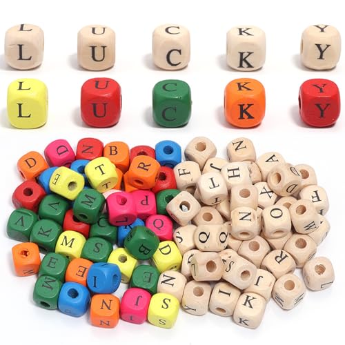 200pcs Holz Alphabet Perlen Naturholz Alphabet Perlen Würfel zufällig gemischte gemischte große Loch 10 x 10 mm für DIY -Armbänder Halsketten Ohrringe Handwerk Schmuckherstellung von Ssguopte