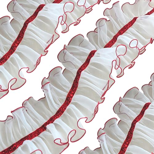 Spitzenband 118-Zoll-Falten-Spitzenverkleidung weiß und rot 4 Zoll breites Trimmen zum Nähen weicher hautfreundlicher Organza für Hochzeitskleid, Unterwäsche, Socken, Tischdecke von Ssguopte