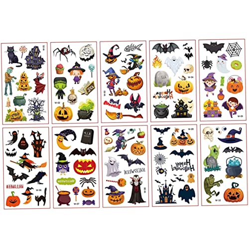 Ssguopte 10 Blätter Halloween Temporäre Tattoos für Kindertattoos, Halloween -Make -up -Aufkleber für Kinder Teil von Ssguopte