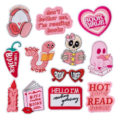 12 Stück Buchaufnäher zum Aufbügeln, rosa, niedlicher Buchliebhaber, Bücherwurm, Hot Girl, Geschenke für Frauen, Leser, lustige bestickte Applikationen für Kleidung, Denimjacken, Rucksäcke, Trucker von Ssyuysto