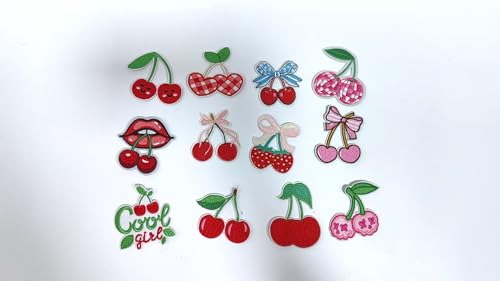 12 Stück Kirsch-Aufnäher zum Aufbügeln, rot, ästhetisch, mädchenhaft, bestickt, niedliches Obstkirsch-Schleife, Totenkopf-Lippen-Design, Reparatur, für Kleidung, Hüte, Rucksäcke, DIY-Zubehör 12 Stück Kirsch-Aufnäher zum Aufbügeln, rot, ästhetisch, mädchenhaft, bestickt, niedliches Obstkirsch-Schleife, Totenkopf-Lippen-Design, Reparatur, für Kleidung, Hüte, Rucksäcke, DIY-Zubehör von Ssyuysto