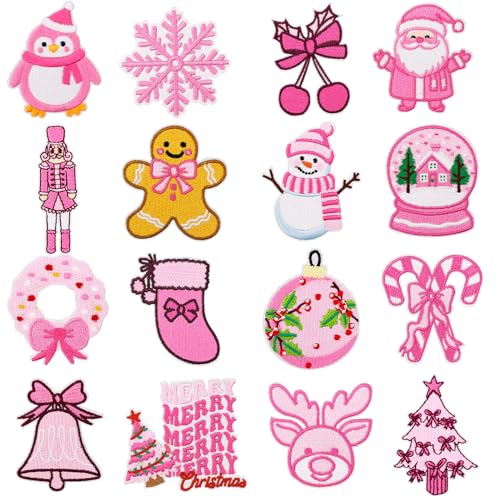 16 rosa Weihnachts-Bügelbilder, trendige, einzigartige Designs, niedliche bestickte Urlaubsapplikationen für Kleidung, Jacken, Trucker, Hüte, Rucksack, Jeans, Taschen, festliche Weihnachten von Ssyuysto