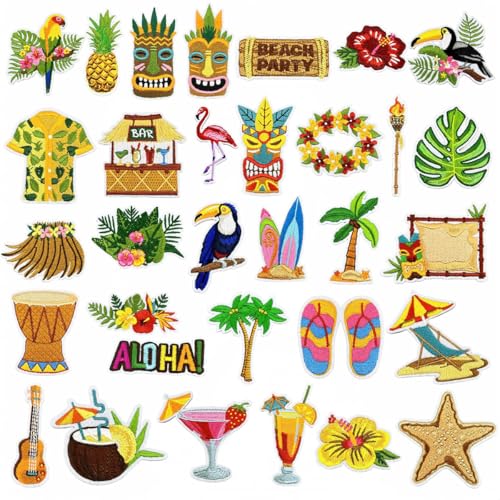 32 Stück Sommer Bügelbilder Tropischer Strand bestickte Applikationen für Kleidung, Taschen, Hüte - Niedliches DIY Wärmeübertragungs-Set für Reisen, Pool und Party Dekor von Ssyuysto