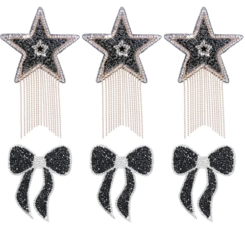 6 Stück Stern-Aufnäher zum Aufbügeln für Kleidung, glitzernde schwarze Strass-Quasten-Applikationen mit Ketten für Hüte, Jeans, Taschen, Bastelarbeiten 6 Stück Stern-Aufnäher zum Aufbügeln für Kleidung, glitzernde schwarze Strass-Quasten-Applikationen mit Ketten für Hüte, Jeans, Taschen, Bastelarbeiten von Ssyuysto