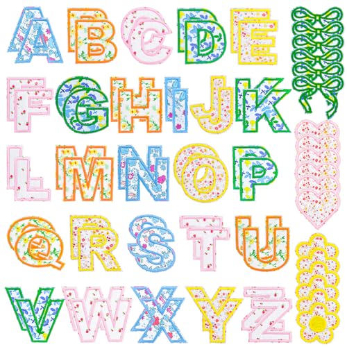 70 Stück Blumen Buchstaben Patches Rosa Floral bestickte Applikation Buchstaben A-Z Selbstklebende Alphabet-Aufkleber für Kinderkleidung, Hüte, Taschen, DIY Handwerk von Ssyuysto