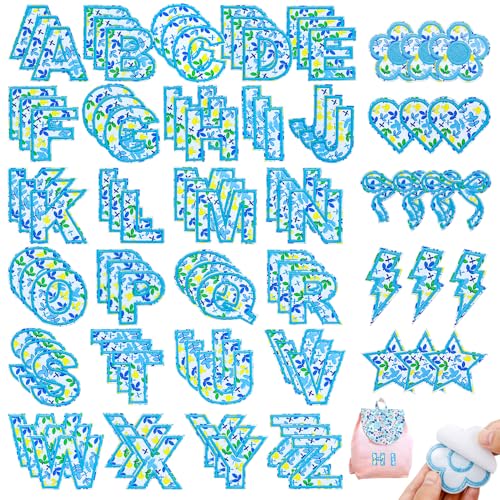 93 Stück Blumen Buchstaben Patches Blau Floral bestickte Applikation Buchstaben A-Z Selbstklebende Alphabet Aufkleber für Kleidung, Hüte, Taschen, DIY Handwerk von Ssyuysto